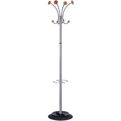 Alba Stily Coat Rack 8 Hook Silver Metal Stand With Wooden Hook Knobs